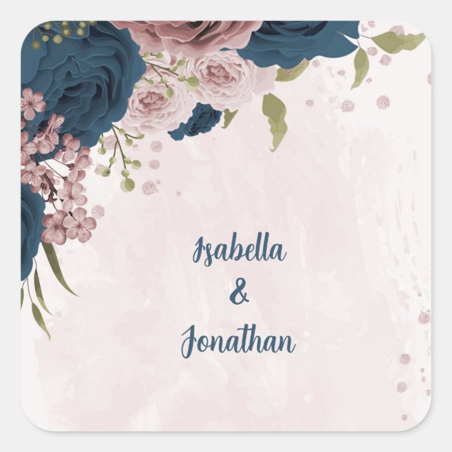 pink navy blue flowers botanical wedding square sticker (Front)