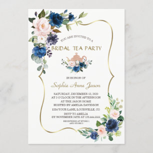 Pink Navy Blue Flowers Gold Bridal Tea Party Invitation