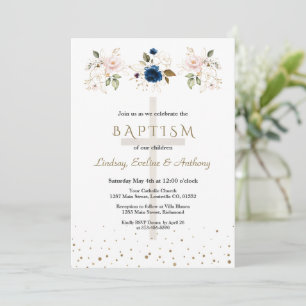 Pink Navy Blue Flowers Gold Triplets Baptism   Invitation