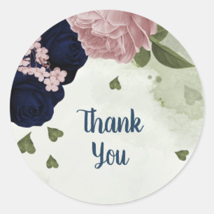 pink & navy blue flowers greenery classic round sticker