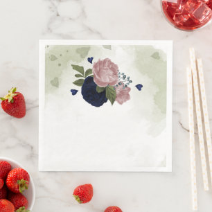 pink & navy blue flowers greenery napkin