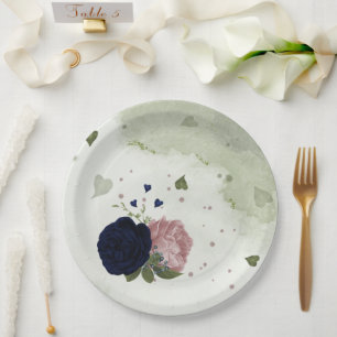 pink & navy blue flowers greenery paper plate