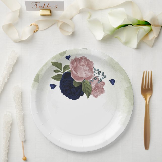 pink & navy blue flowers greenery paper plate (Wedding)