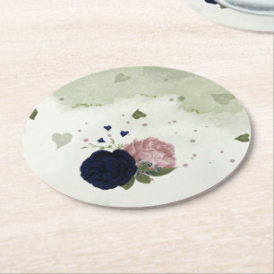 pink & navy blue flowers greenery round paper coaster