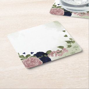 pink & navy blue flowers greenery square paper coaster