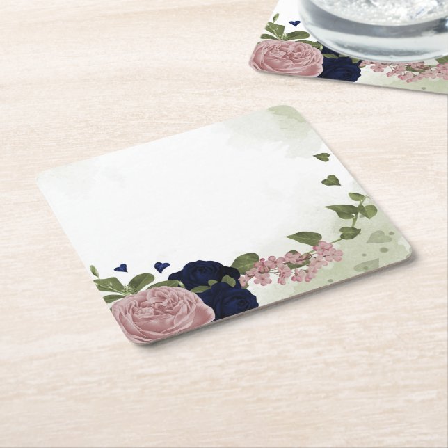 pink & navy blue flowers greenery square paper coaster (Angled)