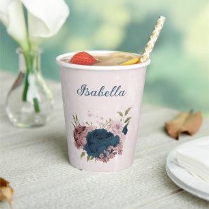 pink navy blue flowers paper cups