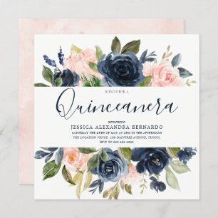 Pink & Navy Blue Flowers Quinceanera Invitation