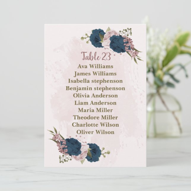 pink navy blue flowers seating chart card (Standing Front)
