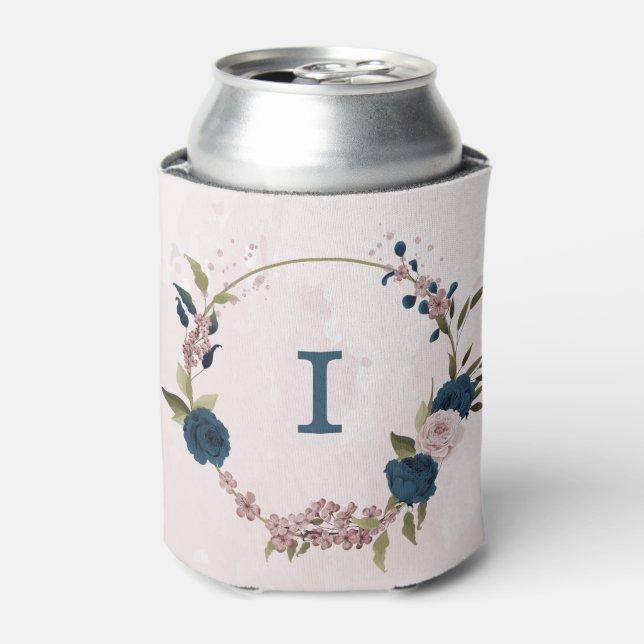 pink navy blue flowers wedding  can cooler (Can Front)