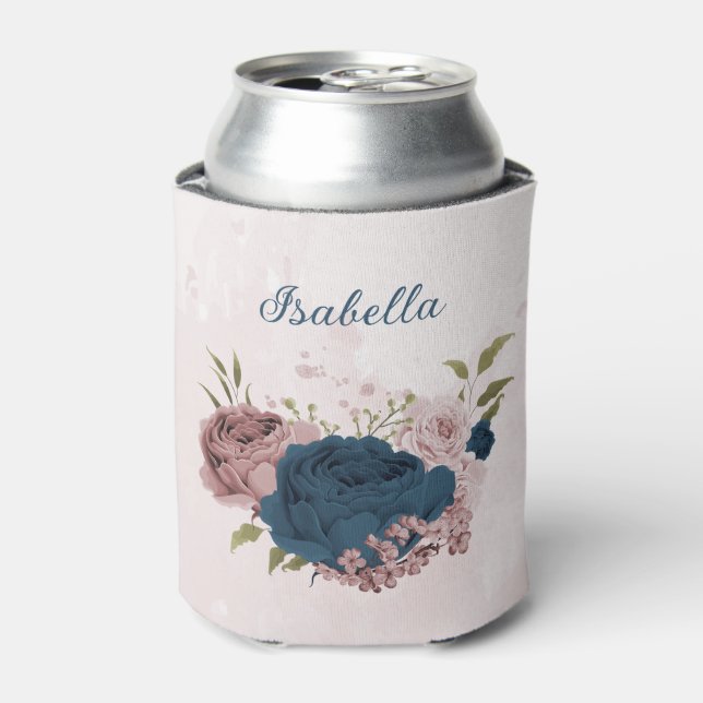 pink navy blue flowers wedding  can cooler (Can Front)