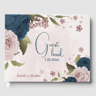 pink navy blue flowers wedding  guest book