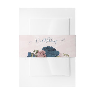 pink navy blue flowers wedding  invitation belly band