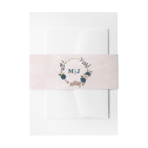 pink navy blue flowers wedding  invitation belly band