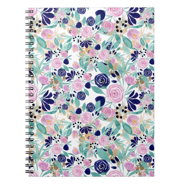 Pink Navy Blue Gold Watercolor Flowers Pattern Notebook (Front)