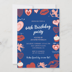 Pink Navy Blue Hearts 64th birthday invitations