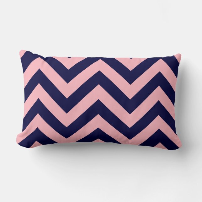 Pink, Navy Blue Large Chevron ZigZag Pattern Lumbar Cushion (Front)