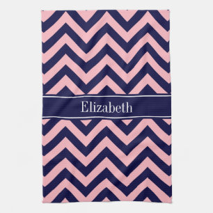 Pink, Navy Blue LG Chevron Navy Name Monogram Tea Towel