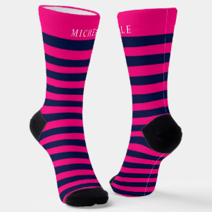 Pink Navy Blue Lines Striped Custom Name  Socks