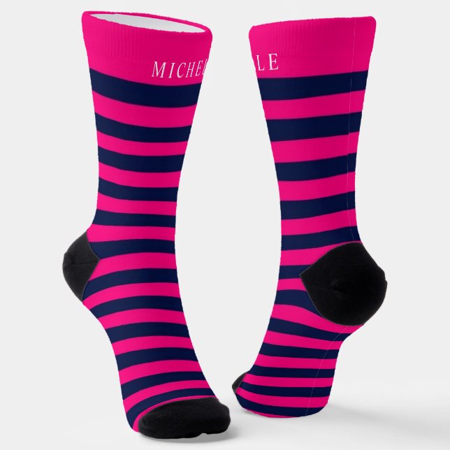 Pink Navy Blue Lines Striped Custom Name  Socks (Angled)