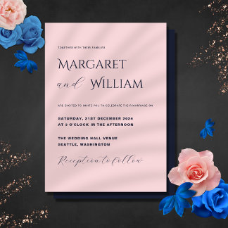 Pink & Navy Blue Modern Minimalist Elegant Wedding Invitation