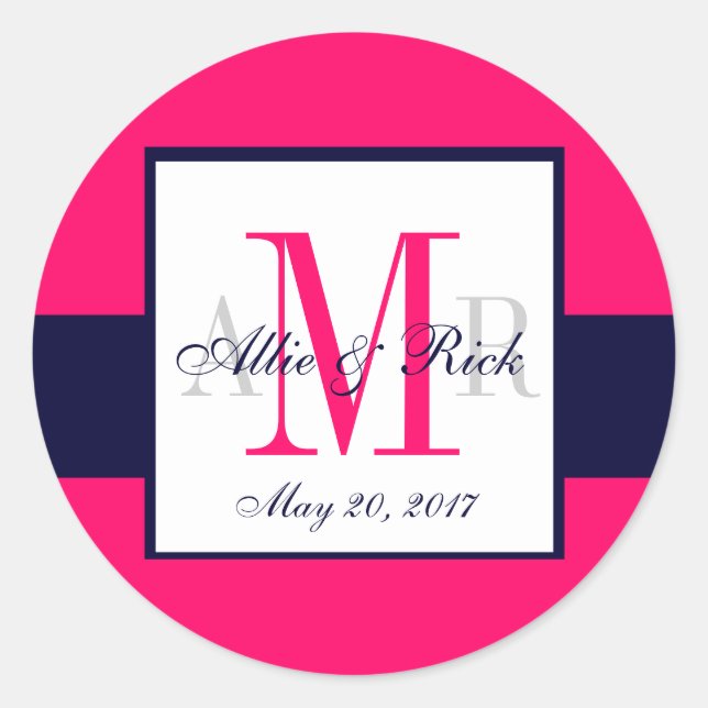 Pink Navy Blue Monogram Names Wedding Favour Classic Round Sticker (Front)