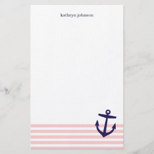 Pink & Navy Blue Nautical Stripes & Cute Anchor Stationery