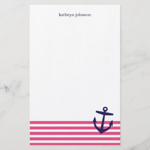 Pink & Navy Blue Nautical Stripes & Cute Anchor Stationery