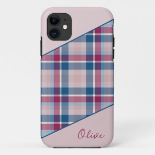 Pink-navy blue plaid iPhone Case