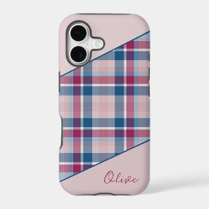 Pink-navy blue plaid iPhone Case