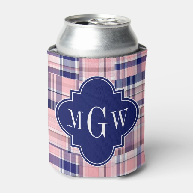 Pink, Navy Blue Preppy Patchwork Madras Monogram Can Cooler (Can Front)
