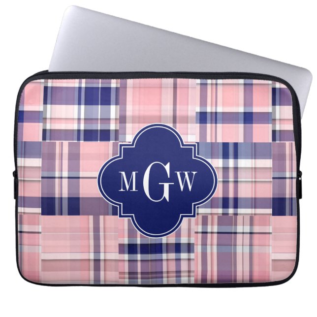 Pink, Navy Blue Preppy Patchwork Madras Monogram Laptop Sleeve (Front)