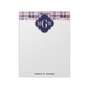 Pink, Navy Blue Preppy Patchwork Madras Monogram Notepad