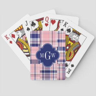 Pink, Navy Blue Preppy Patchwork Madras Monogram Playing Cards
