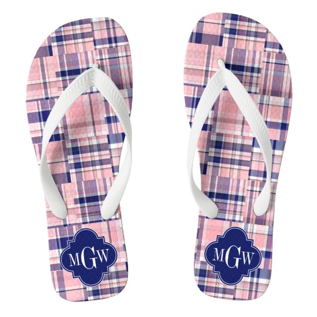Pink, Navy Blue Preppy Patchwork Madras Monogram Thongs (Footbed)