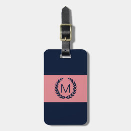 Pink & Navy Blue Stripe Laurel Wreath Monogram Luggage Tag