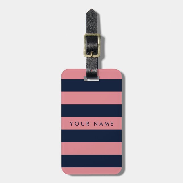 Pink & Navy Blue Striped Personalised Luggage Tag (Front Vertical)