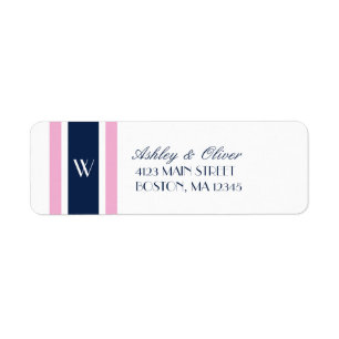 Pink & Navy Blue Stripes   Monogram Return Address Label
