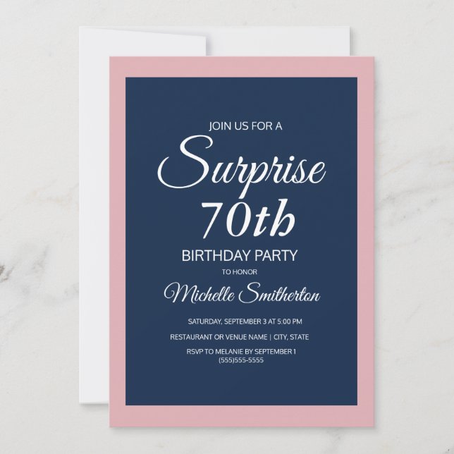 Pink Navy Blue Surprise 70th Birthday Invitation (Front)