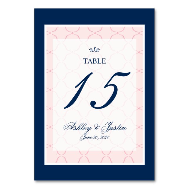 Pink, Navy Blue Traditional Wedding Table Number (Front)