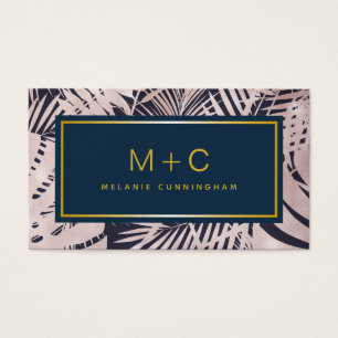 Pink Navy Blue Tropical Monogram Business Cards