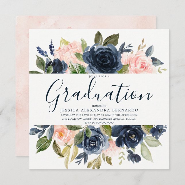 Pink Navy Blue Watercolor Flowers Graduation Party Invitation (Front/Back)