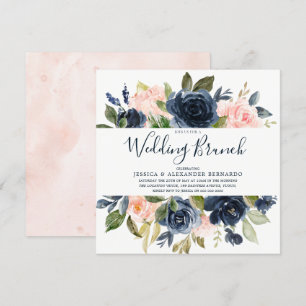 Pink & Navy Blue Watercolor Flowers Wedding Brunch Invitation