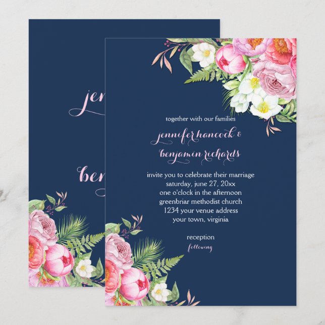 Pink Navy Blue Watercolor Flowers Weddings Invitation (Front/Back)