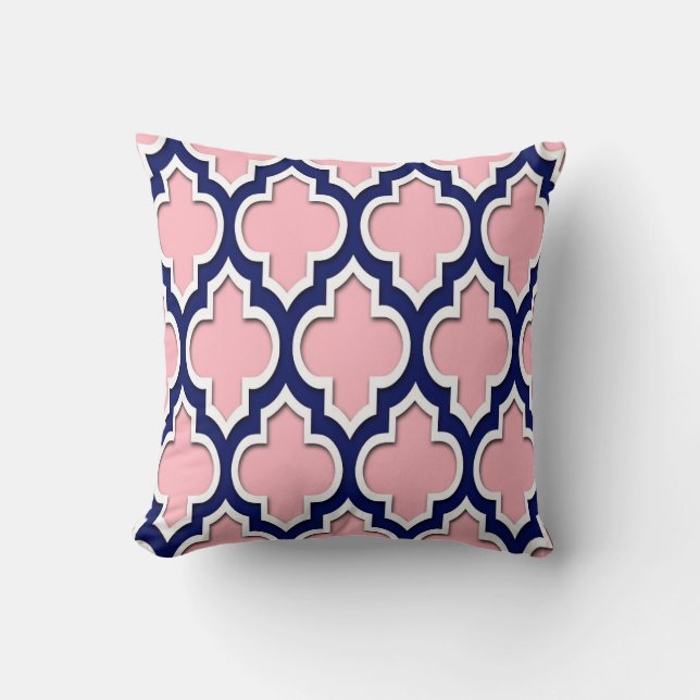 Pink, Navy Blue White Moroccan Quatrefoil #4DS Cushion (Front)