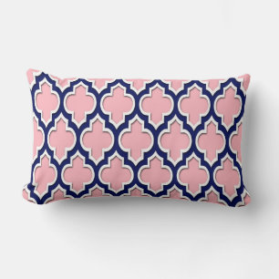 Pink, Navy Blue White Moroccan Quatrefoil #4DS Lumbar Cushion