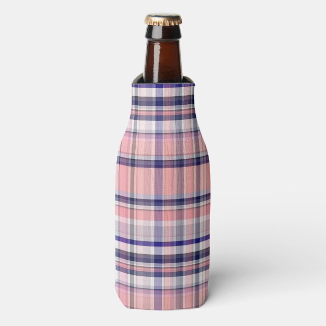 Pink Navy Blue White Preppy Madras Plaid Bottle Cooler (Bottle Front)