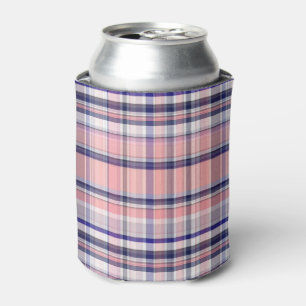 Pink Navy Blue White Preppy Madras Plaid Can Cooler
