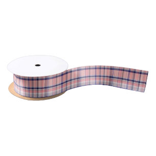 Pink Navy Blue White Preppy Madras Plaid Satin Ribbon