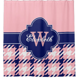Pink Navy Blue Wht 1I CB Ribbon Name Shower Curtain